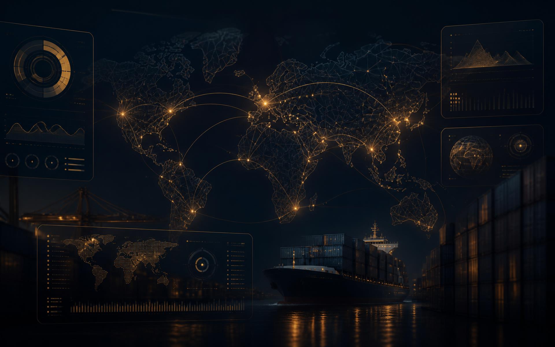 Abstract world map, logistics and analytics dashboard composition