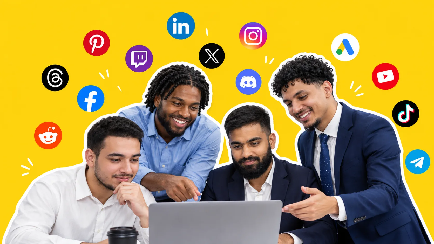 International marketing team collaborating around a laptop with social media platform icons